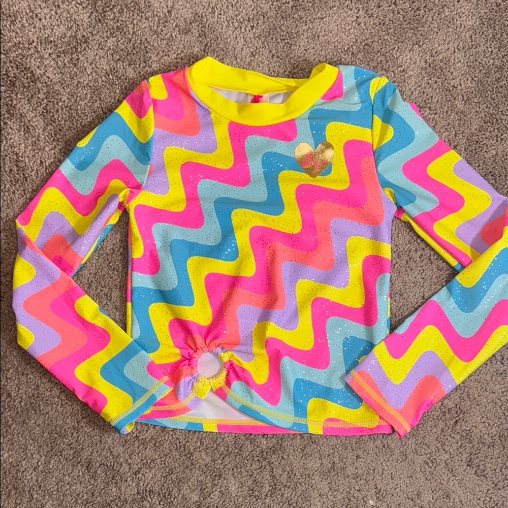 Betsey Johnson 10 girls swim rash guard neon swirls long sleeve sun protection
